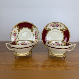 Set 2 Teacup Saucer Set Myotts Royal Crown “The Bouquet” England Vtg Red Floral